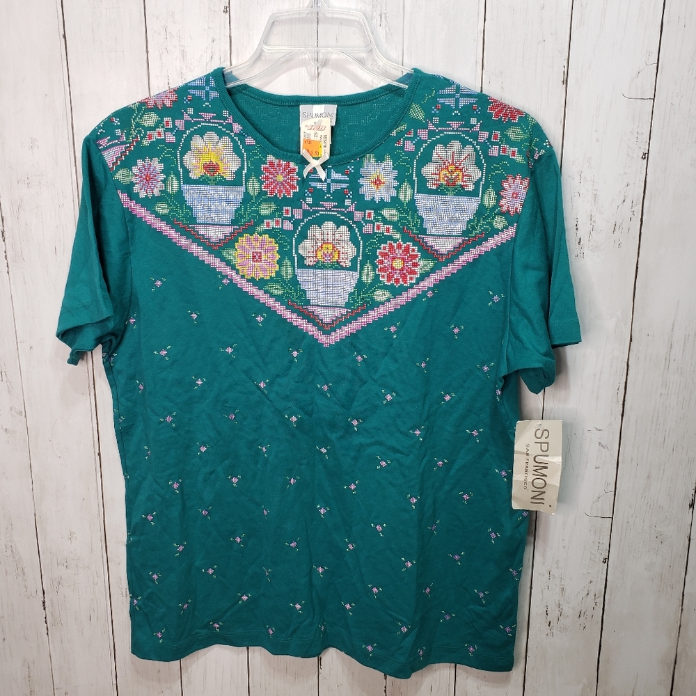 Vintage Deadstock NWT Spumoni Women's Jade Green Short Sleeve Shirt Size Medium.